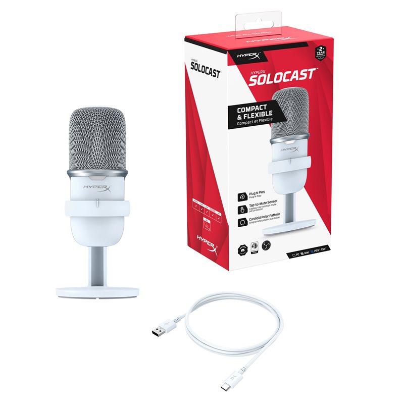 HyperX Solocast USB Condenser Microphone - White, Plug and Play, Adjustable Stand - Rebuy-Box