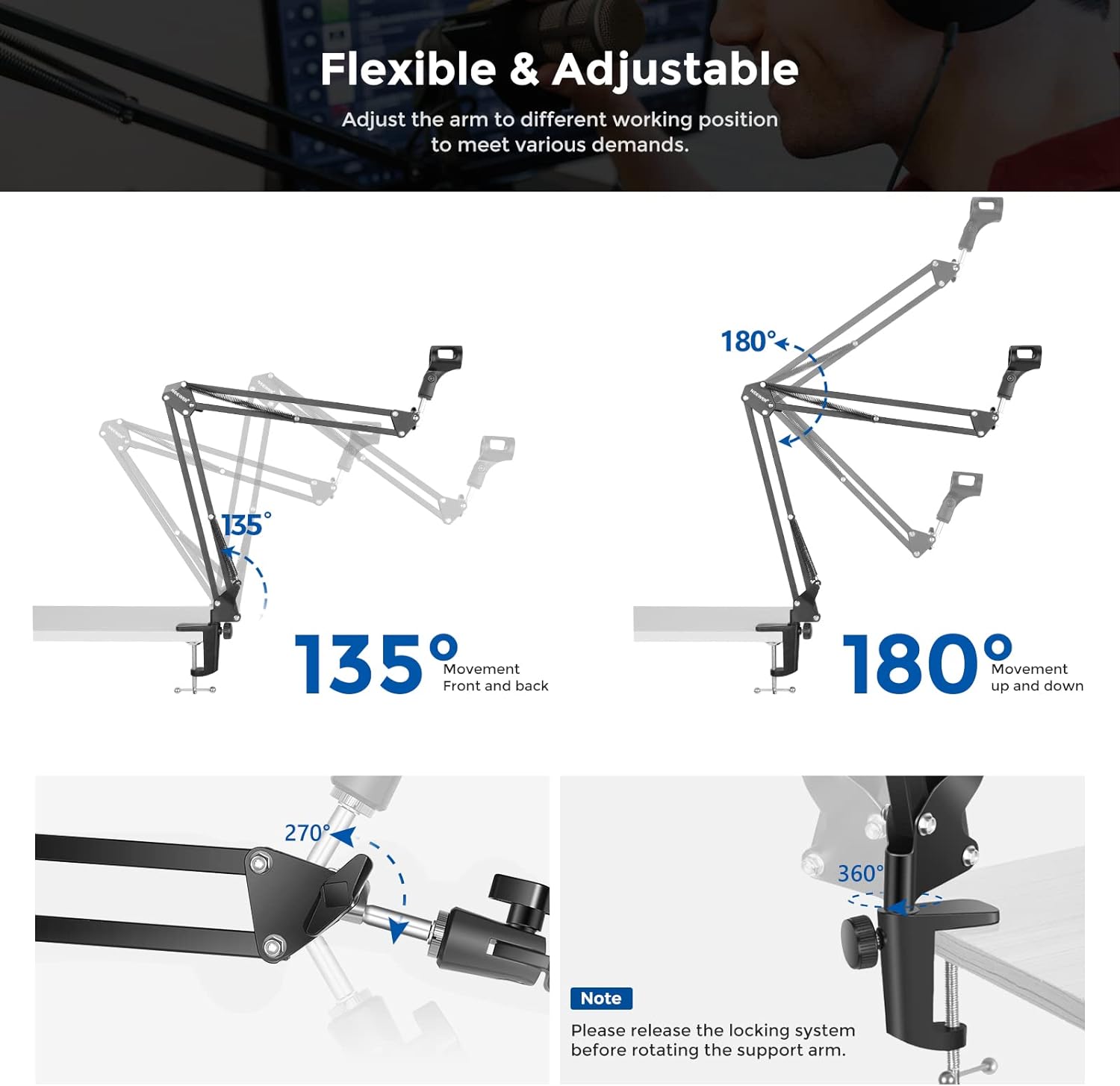 Neewer Microphone Arm Stand - Suspension Boom Scissor Mic Arm with 3/8