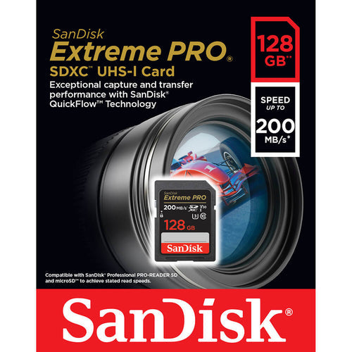 SanDisk 128GB Extreme PRO SDXC UHS-I Card, 200MB/s Read Speed, 90MB/s Write Speed, 4K UHD, Shockproof, Temperature-Proof