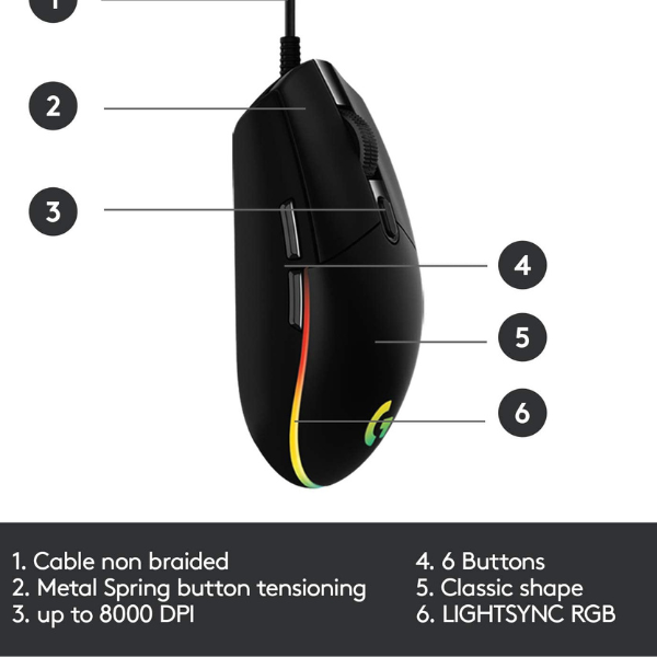 Logitech G203 Wired Gaming Mouse, 8000 DPI, RGB Lighting, 6 Programmable Buttons, Lightweight Design